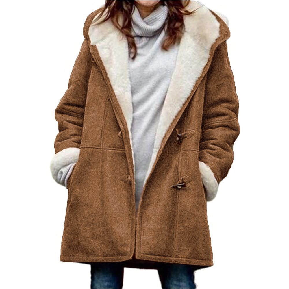 Women's Long Sleeve Horn Button Fleece-lined Warm Coats
