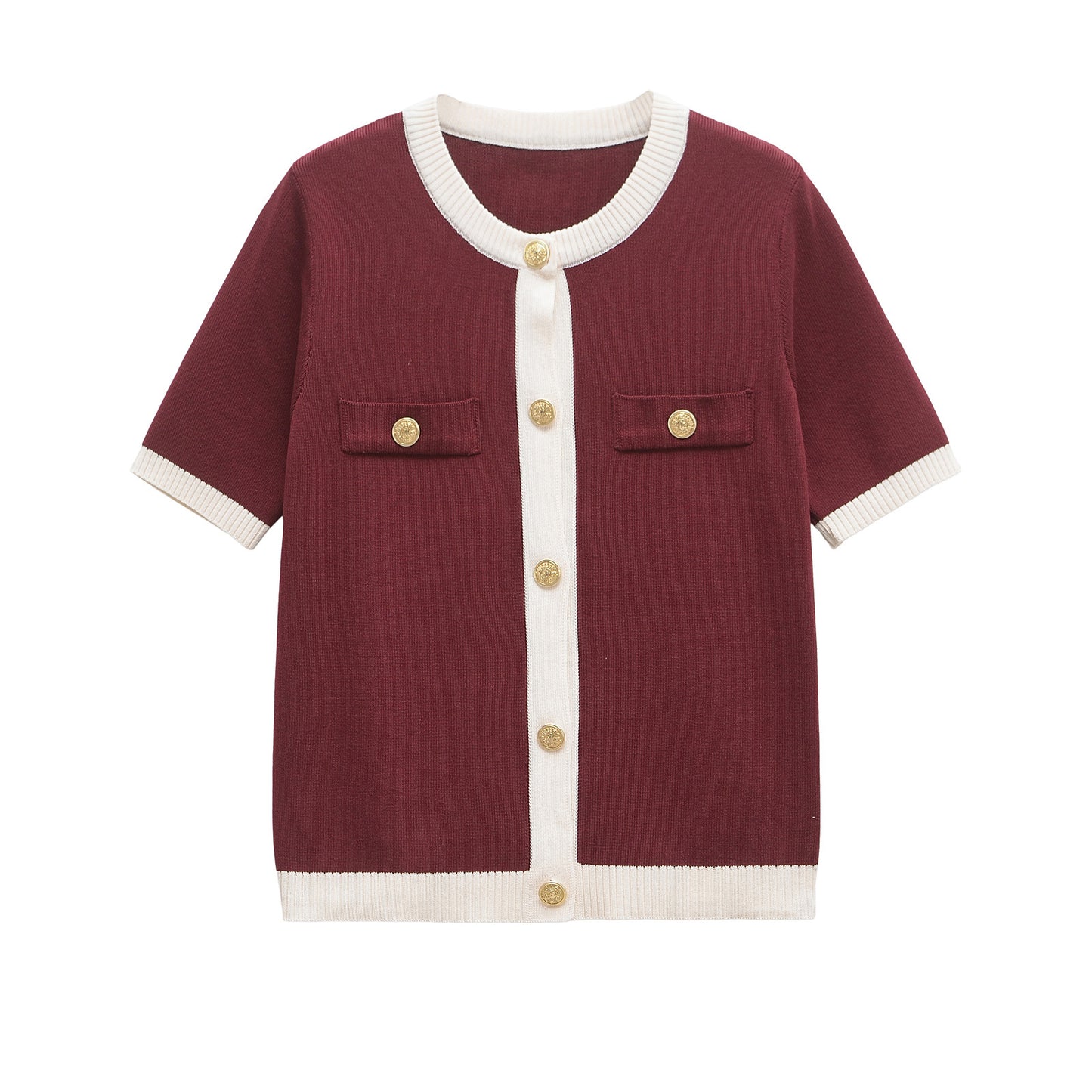 Women's Autumn Button Decoration Stitching Short-sleeved For Knitwear