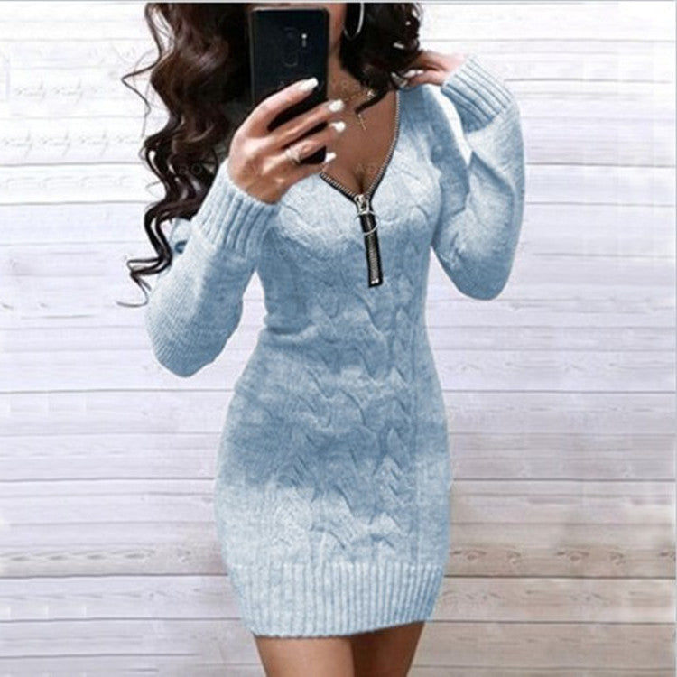 Women's Zipper Long Sleeve Undershirt Mid-length Dress Sweater