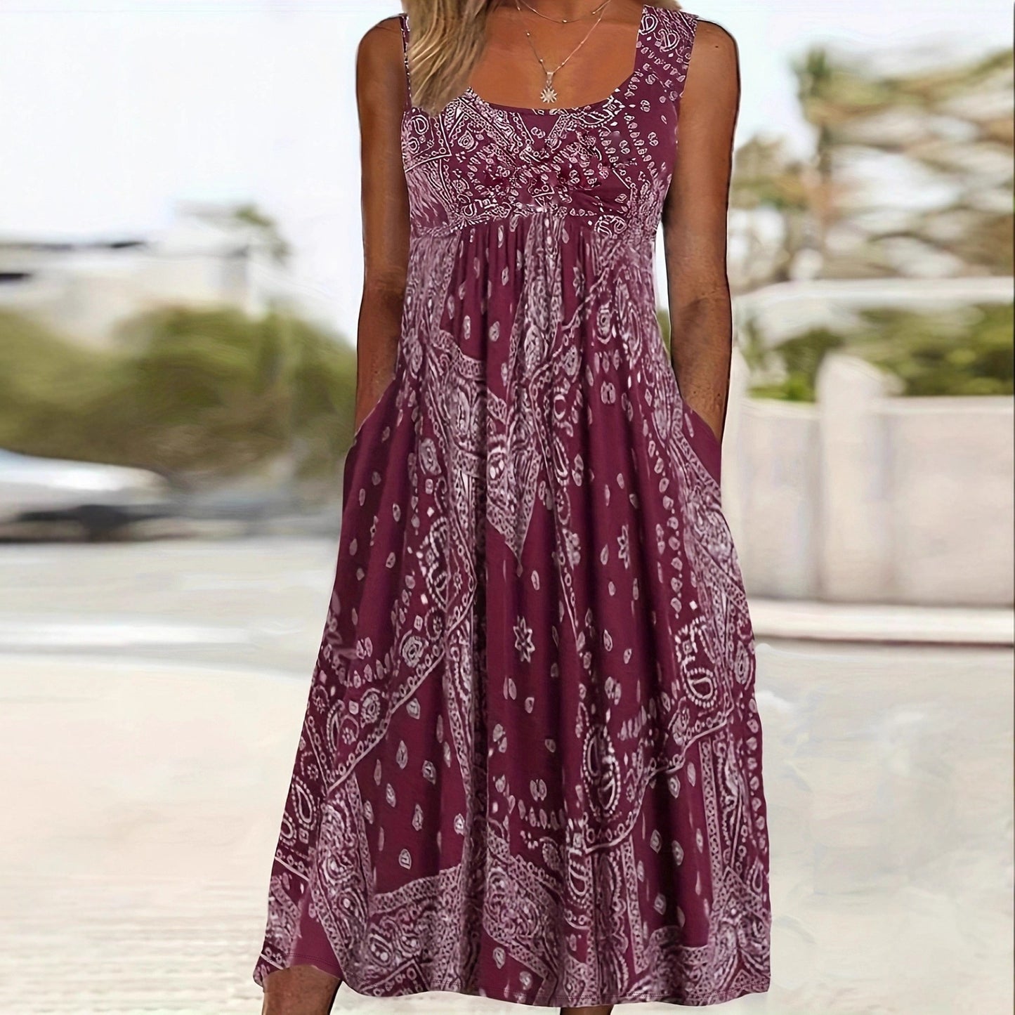 New Women's Retro Digital Print Sleeveless Dress
