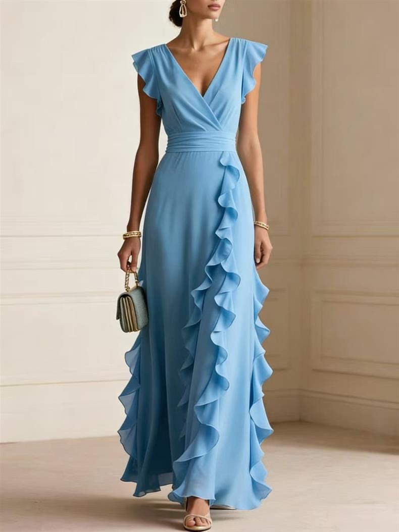 Solid Color Summer Ruffled Sleeveless Thin Dress
