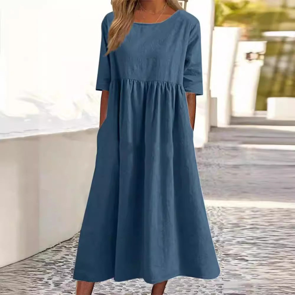 Casual Sleeve Pocket Pleated Loose Round Dress