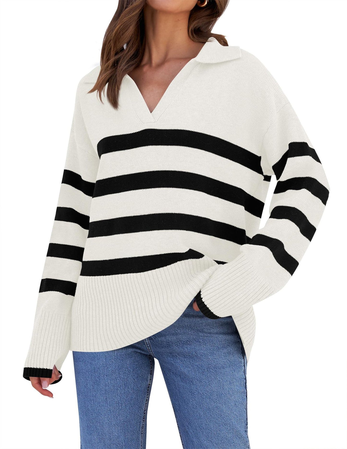 Women's Basic Loose Long Sleeve Outerwear Striped Polo Collar Sweater