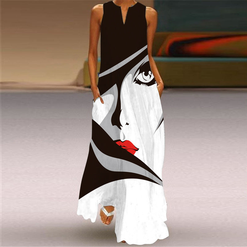 Women's Fashion Printed Sexy Pocket Maxi Dress Dresses
