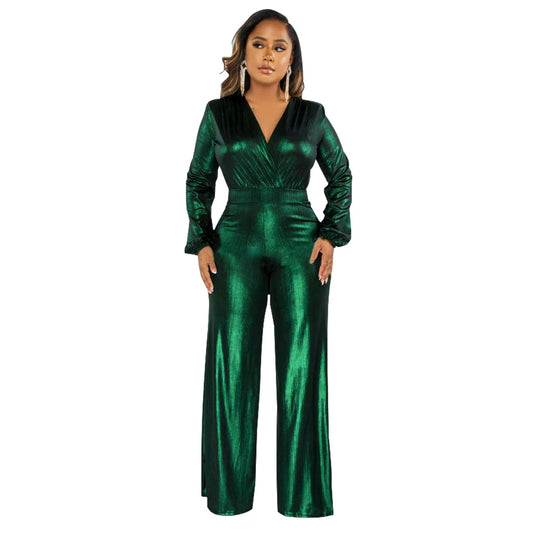 Women's Autumn Sexy Lantern Sleeve Bronzing Jumpsuits
