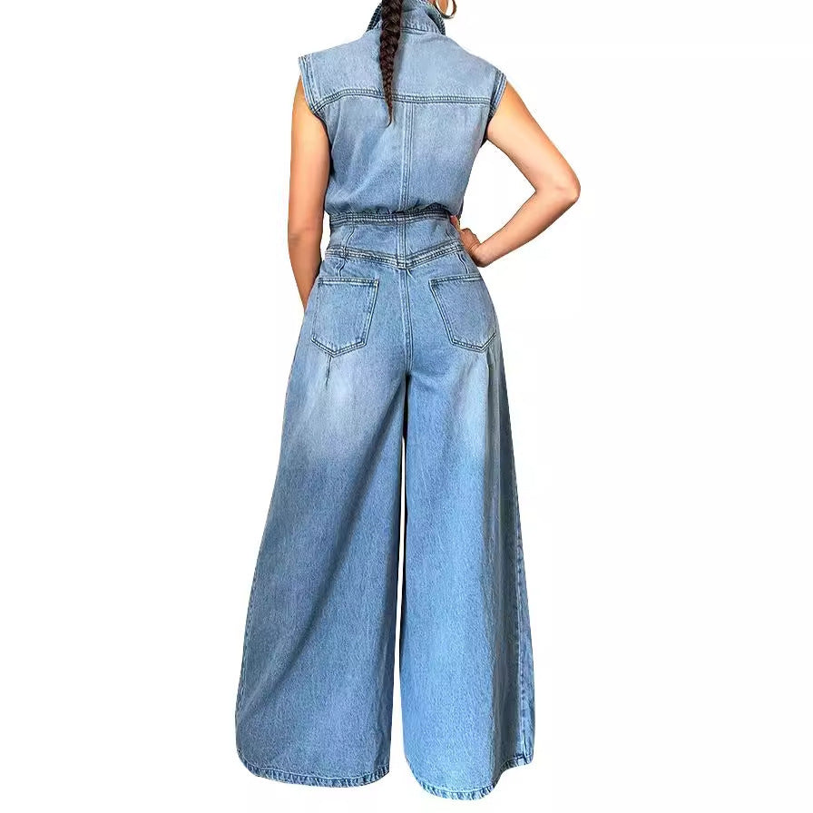 Women's Leisure Washed-out Sleeveless Denim One-piece Pants