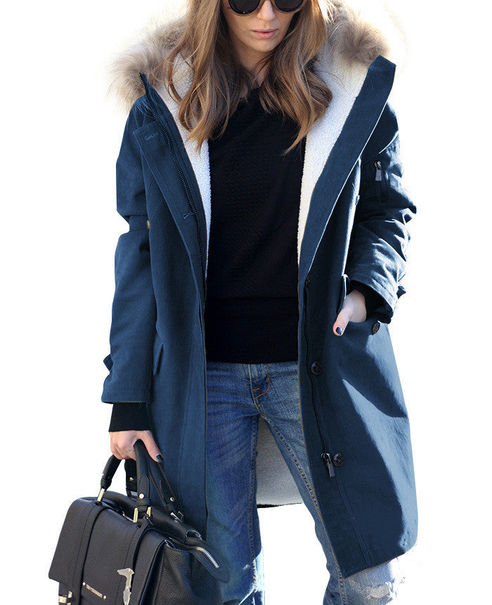 Women's Popular Single Hooded Fur Collar Long Coats