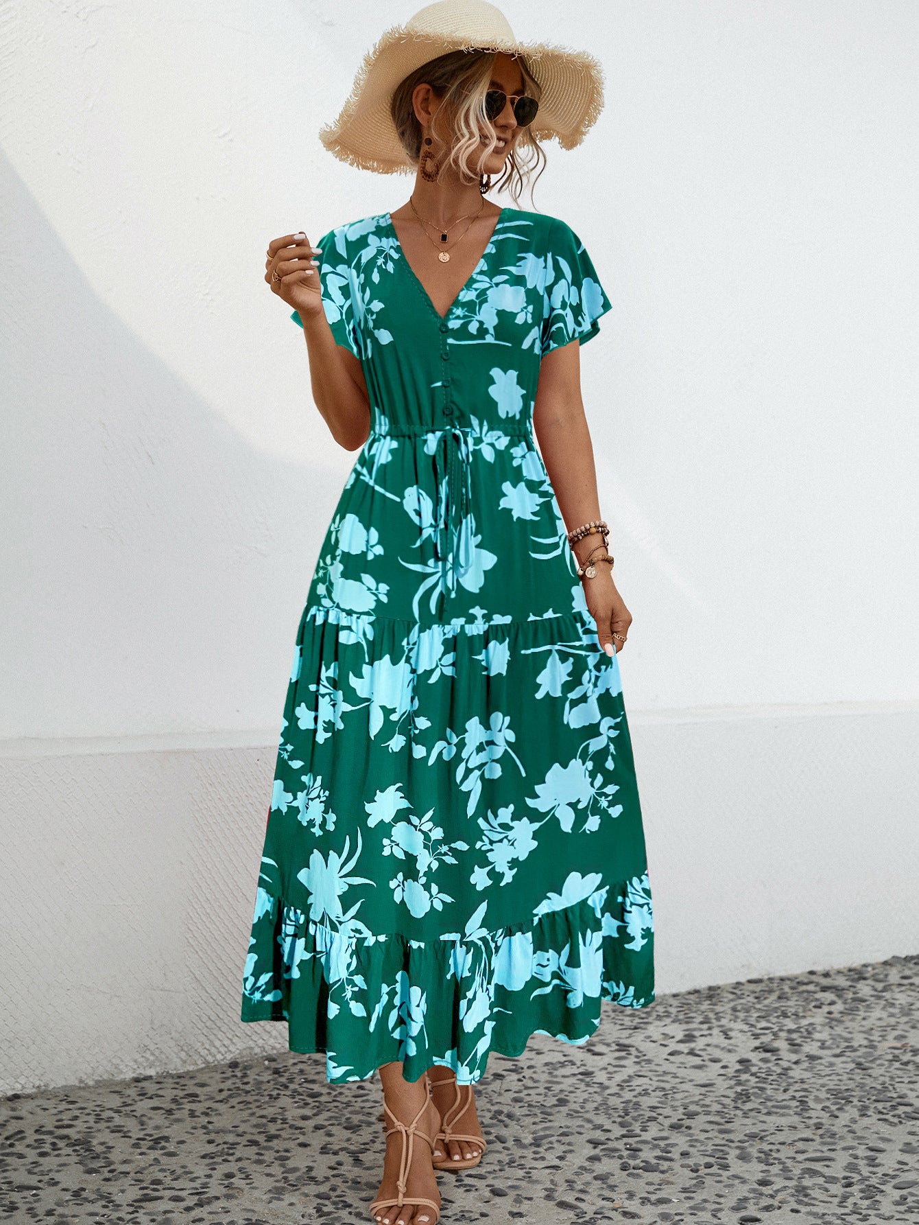 Casual Sleeve Flower Print Button Long Dress