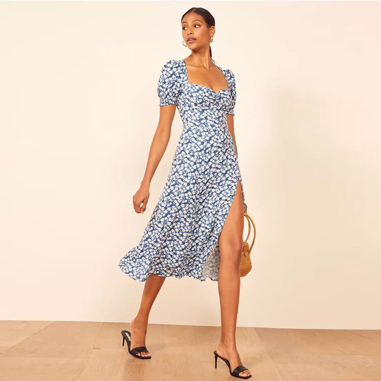 Women's Rayon Floral Dress Summer French Square Dresses