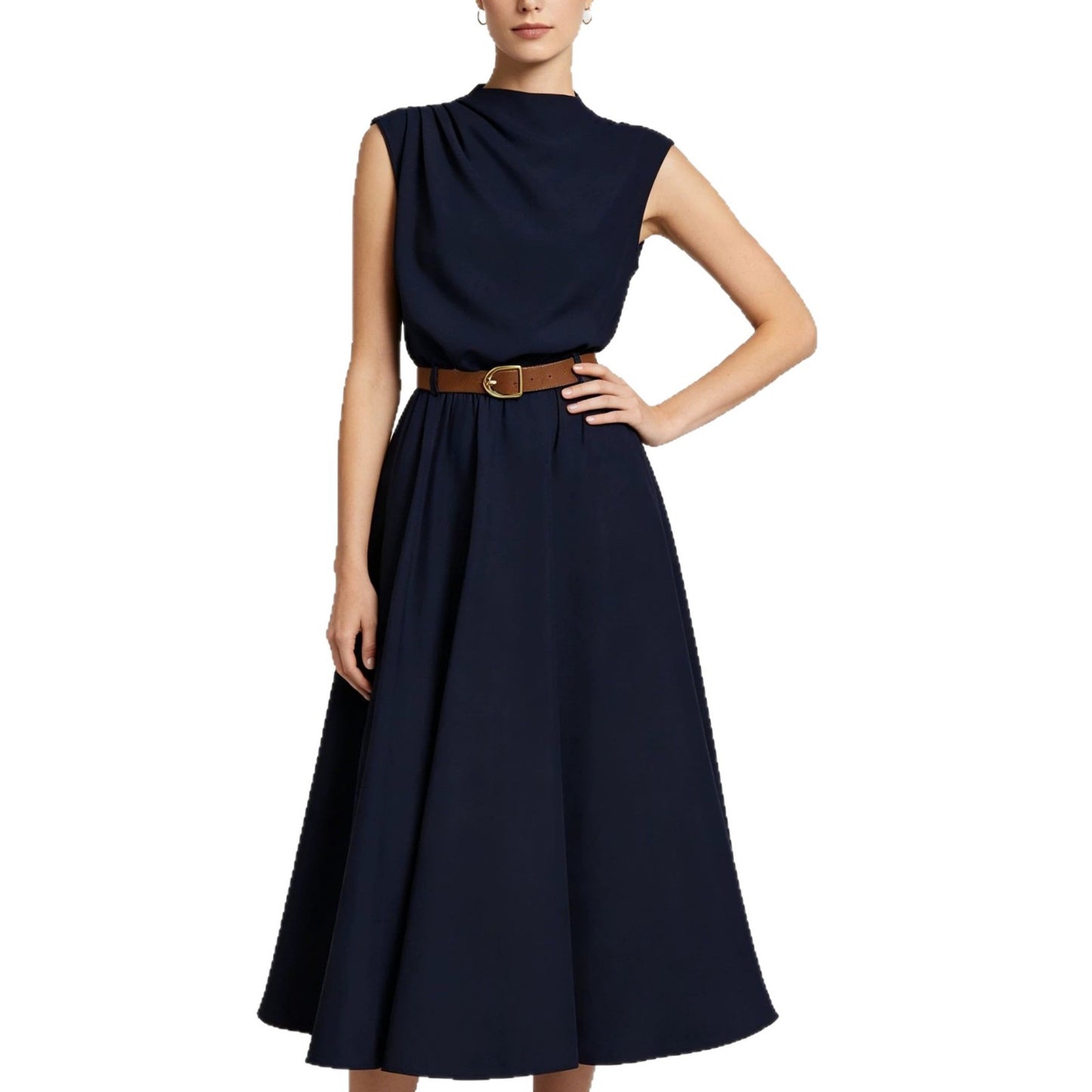Summer Turtleneck Sleeveless Single Side Pleating With Dress