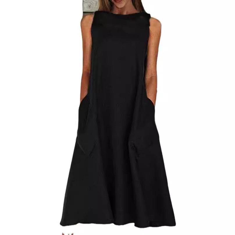 Attractive Round Neck Sleeveless Double Pocket Dress