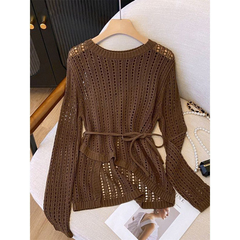 Women's Thin Comfortable Draping Air Conditioning Outerwear Cover-up Round Neck Irregular Sweaters