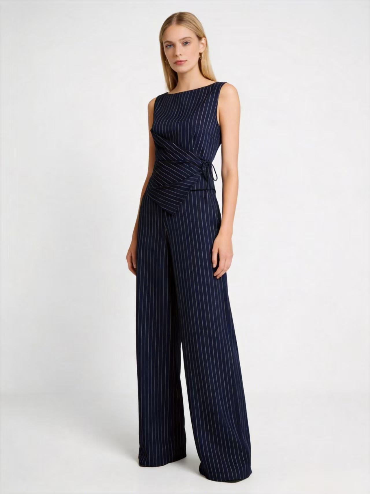 Temperament Bandage Round Neck Striped Sleeveless Fashion Casual Suit