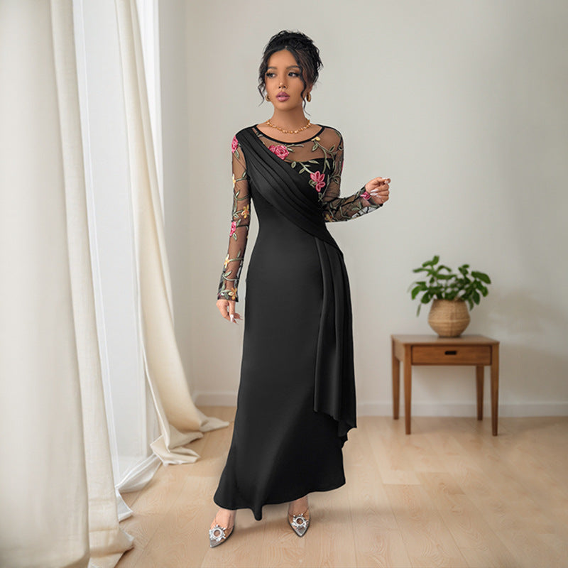 Women's Neck Mesh Embroidery Stitching Long Sleeve Dresses