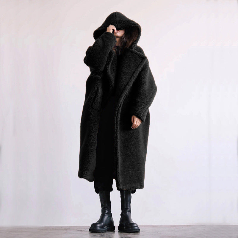 Women's Faux Fur Mid-length Hooded Lapel Fashion Lamb Coats