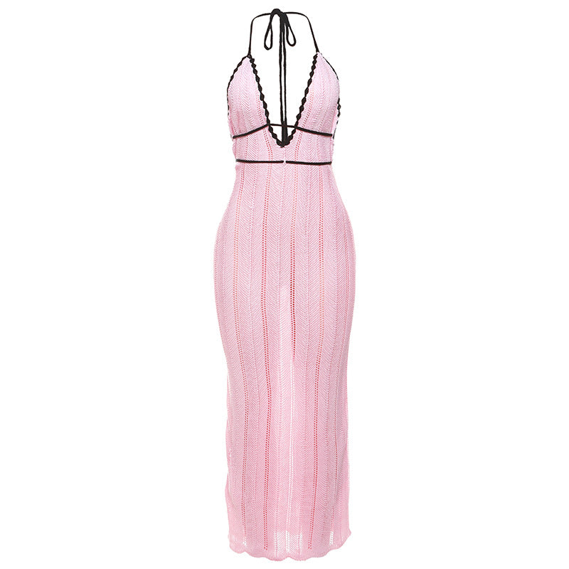 Women's Fashion Color Contrast Halter Backless Knitted Dresses
