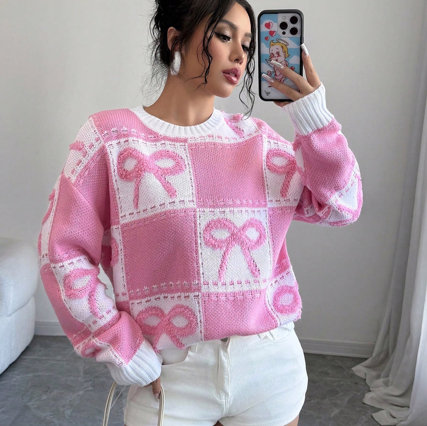 Women's Sweet Bow Design Female Pink Christmas Sweaters