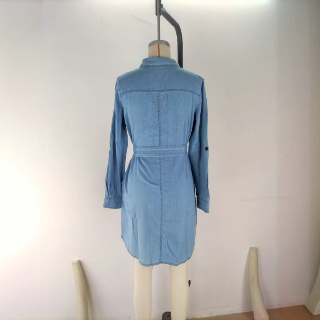 Women's Casual Polo Collar Long Sleeve Clinch Dresses