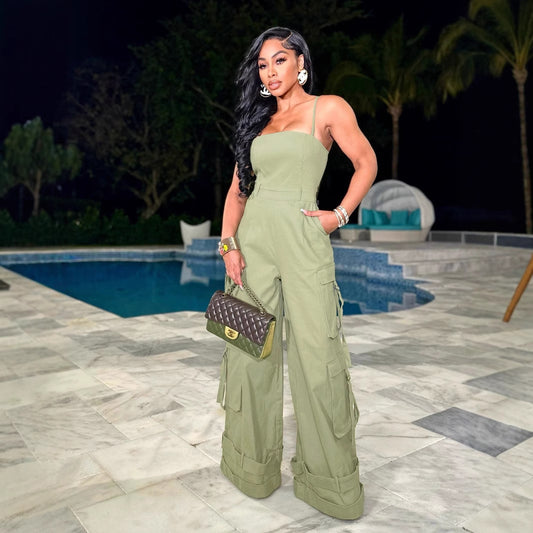 Fashion Casual Solid Color Loose Zip Jumpsuits