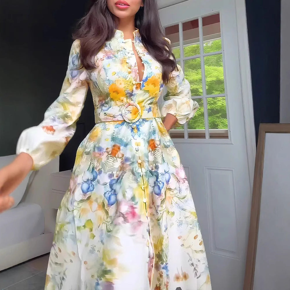 Women's Floral Dress Lantern Sleeve Slimming Retro Oil Painting Dresses
