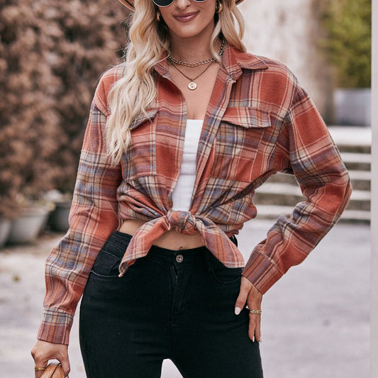 Women's Casual Fashion Loose Plaid Shirt Blouses