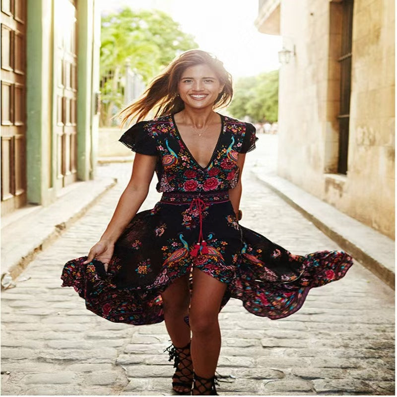 Bohemian Peacock Positioning Print Retro Design Dress