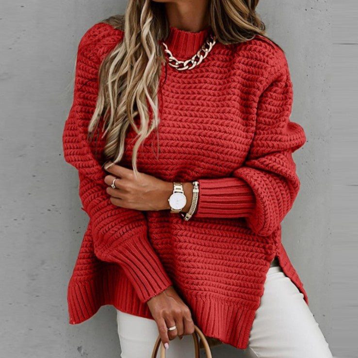 Women's Turtleneck Loose-fitting Solid Color Long Sleeves Side Slit Knitted Sweater
