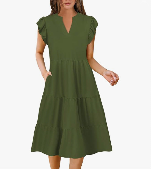 Women's Collar Ruffle Sleeve Mid-length Stitching Big Swing Dress