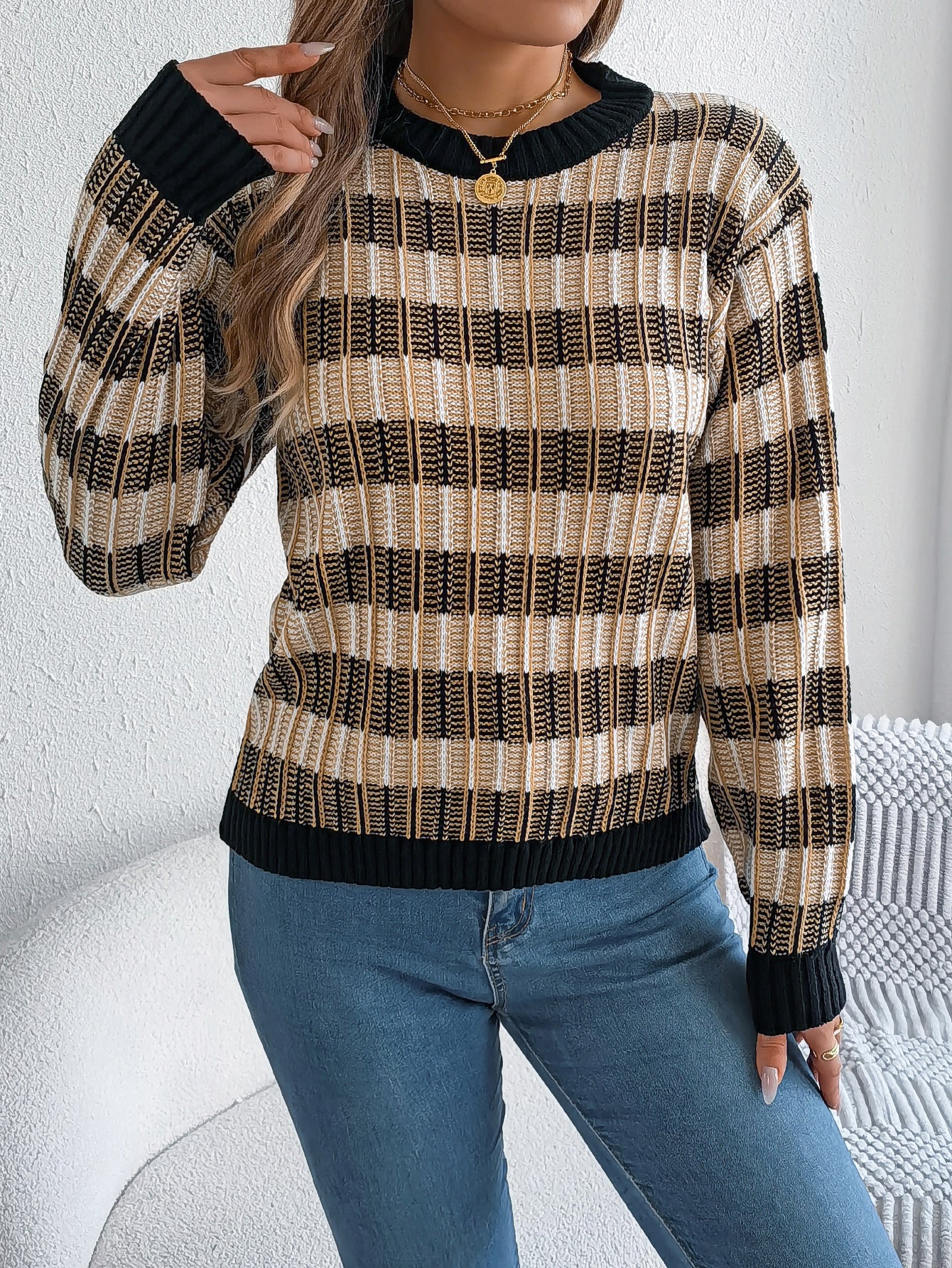 Women's Neck Vintage Stripe Lantern Long Sleeve Sweater