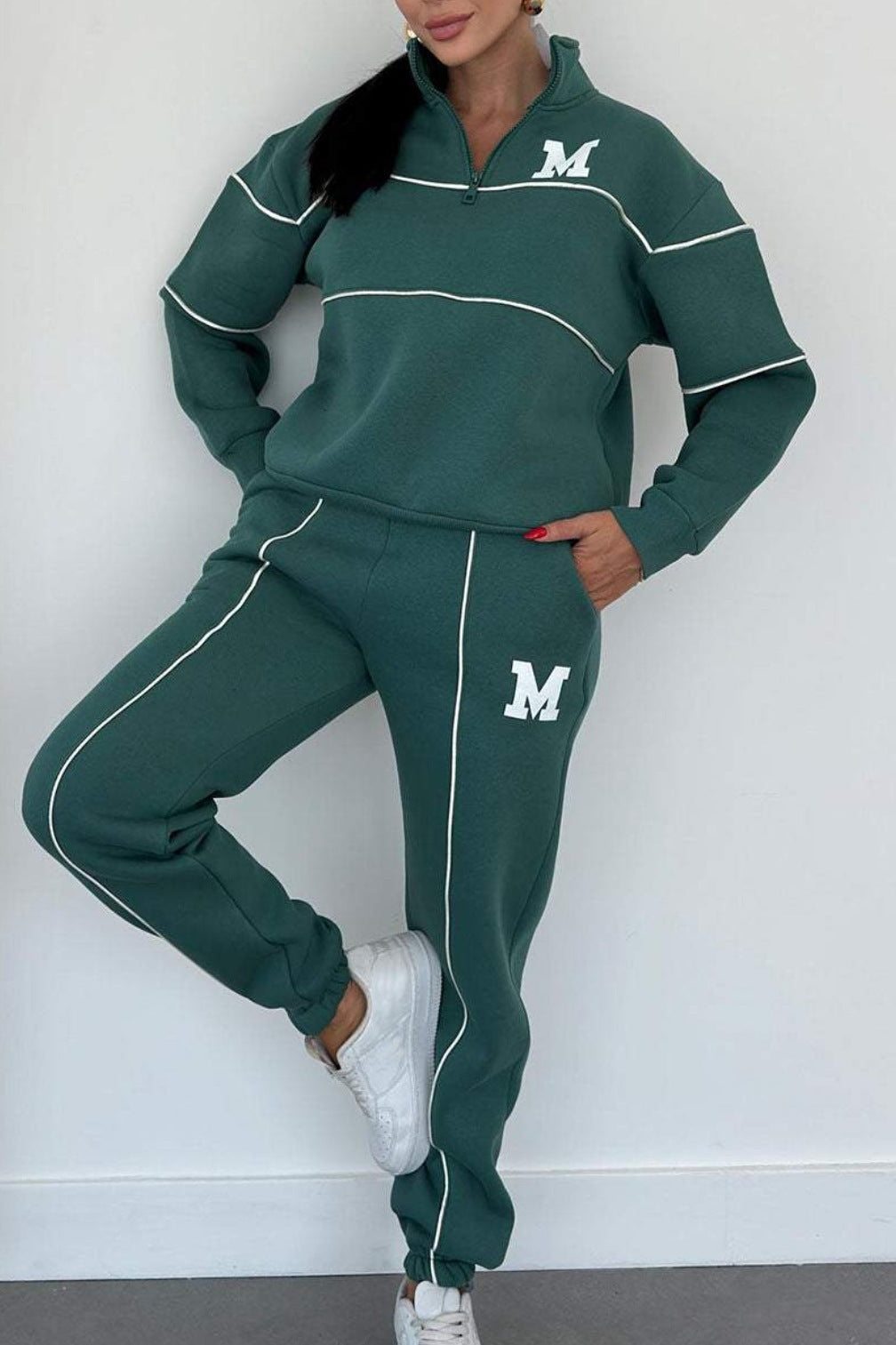 Women's Letter Heat Transfer Patch Long Sleeve Trousers Zipper Suits