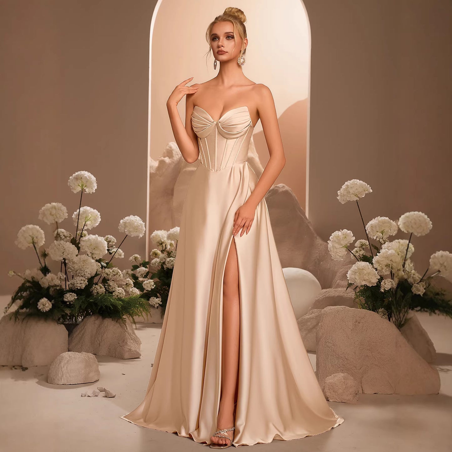 Satin Tube Tight Waist Fishbone Slim Fit Slit Long High-grade Dress