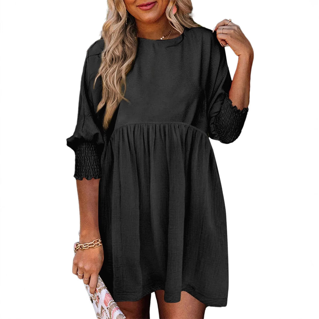 Women's Round Neck Girdle Cuff Pleating Casual Dresses