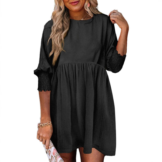 Women's Round Neck Girdle Cuff Pleating Casual Dresses