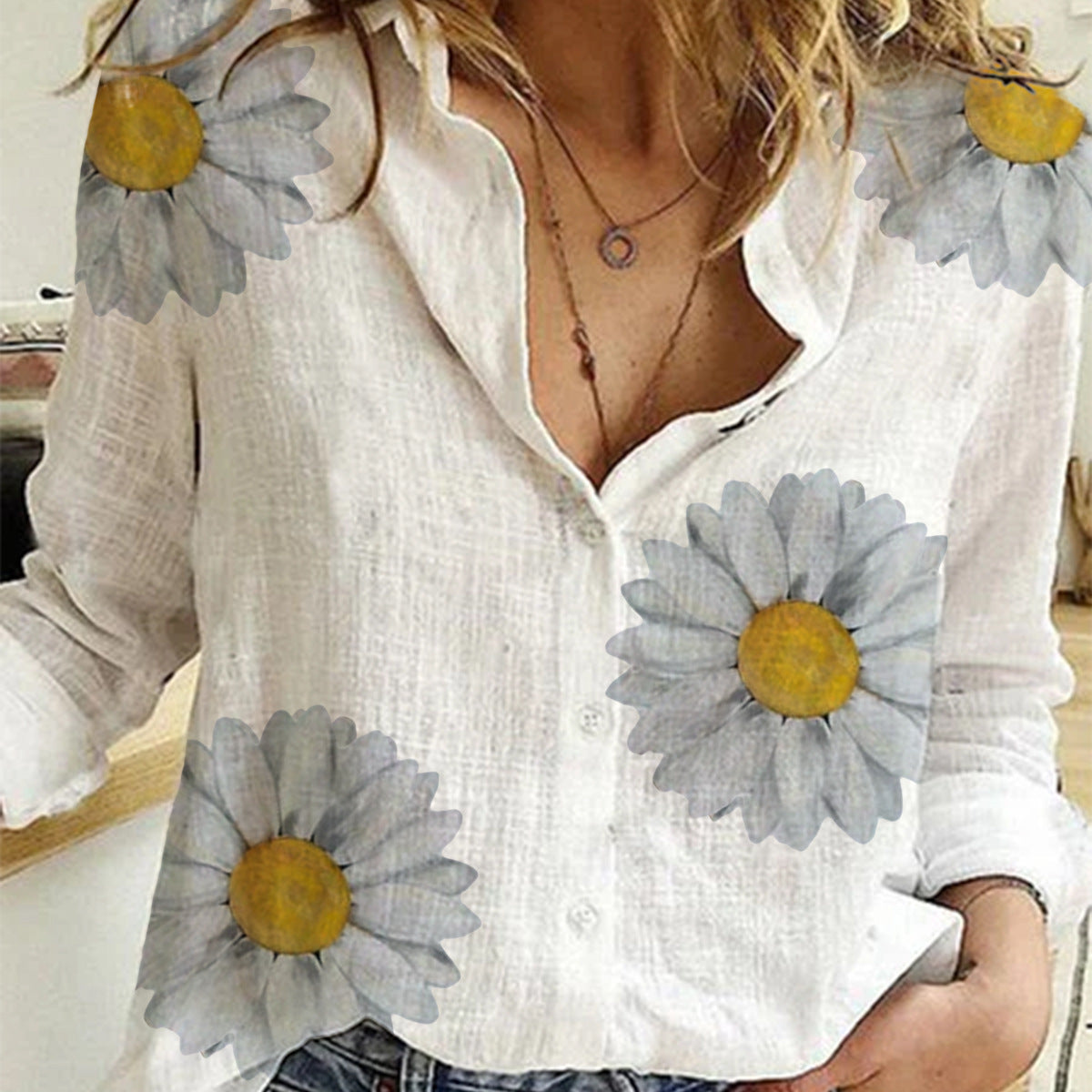 Women's Dot Print Casual Long Sleeve Linen Blouses