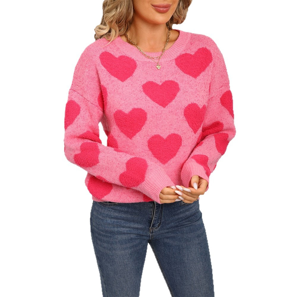 Women's Valentine's Day Round Neck Loose Pullover Love Jacquard Sweater