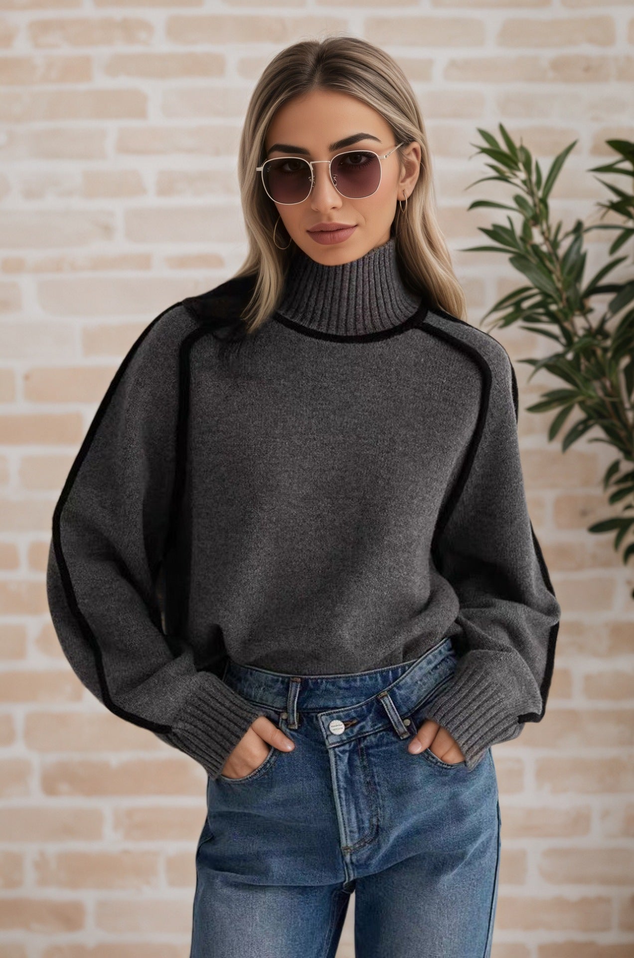 Turtleneck Three-dimensional Striped Slimming Casual Loose Sweaters