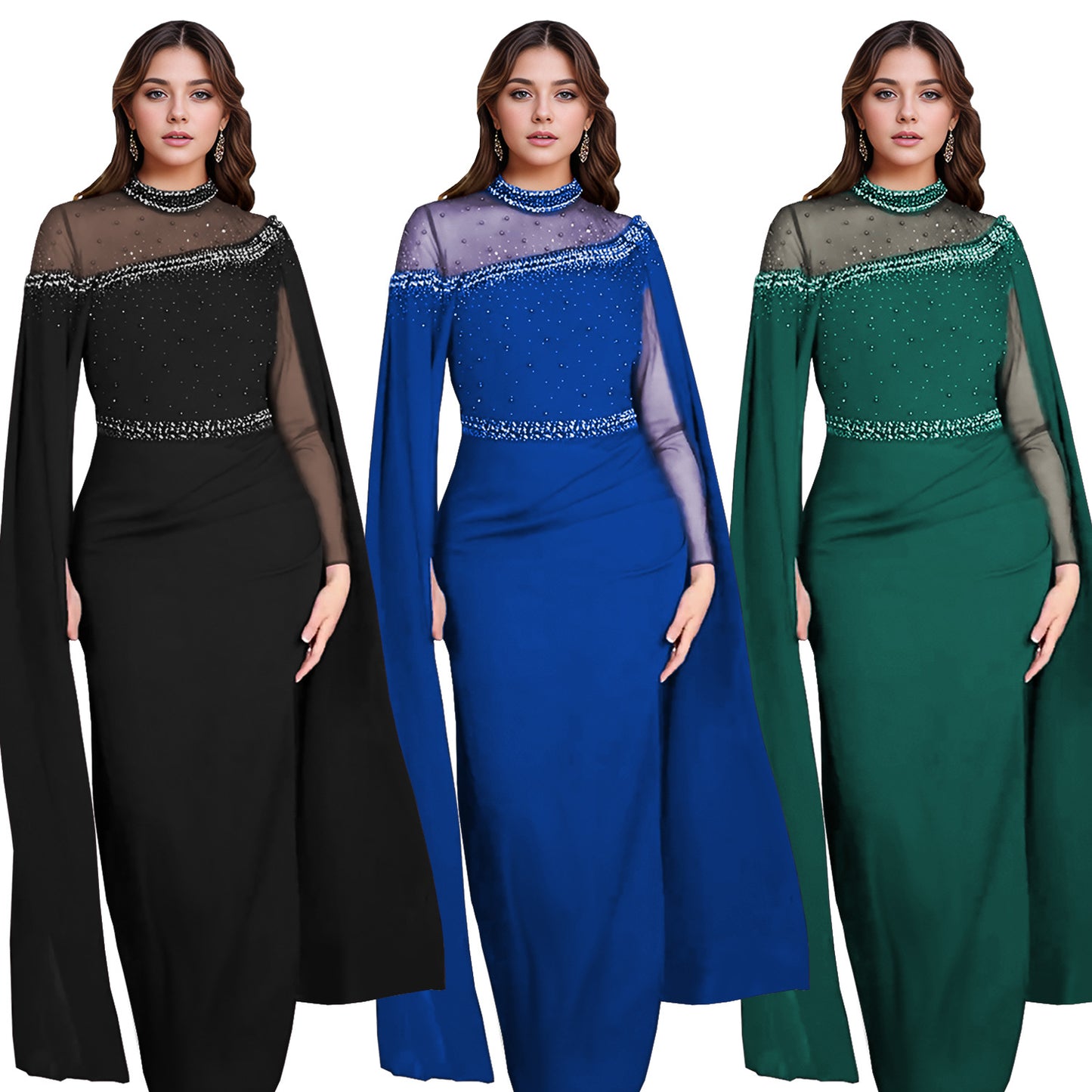 Chiffon Mesh Stitching Rhinestone Beaded Fashion Dresses