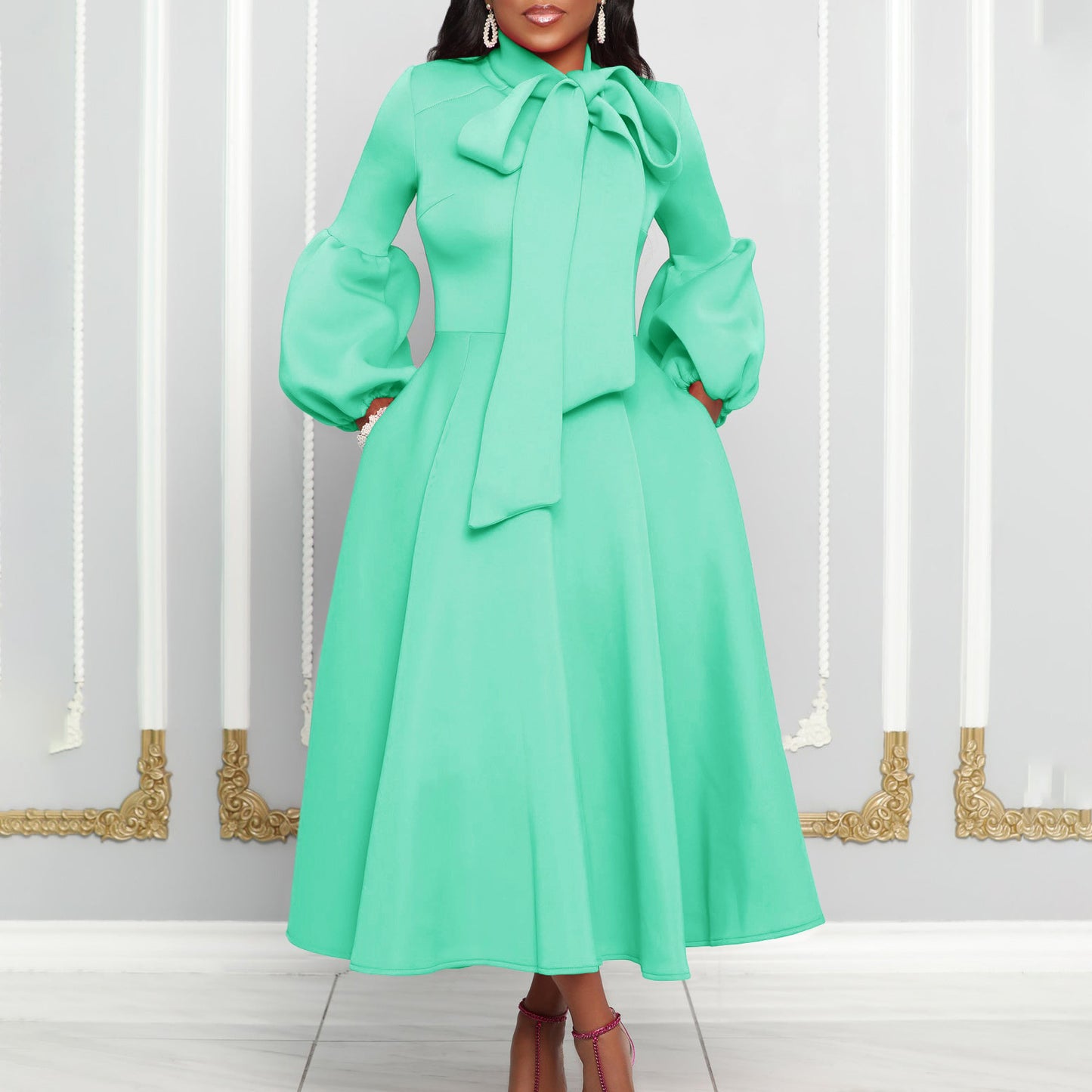 Women's Puff Sleeve Bow Large High Waist Skirts