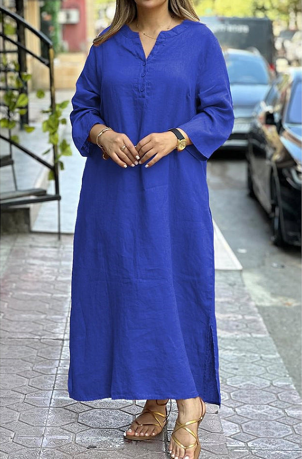 Cotton Linen Solid Color Long Sleeve Dress