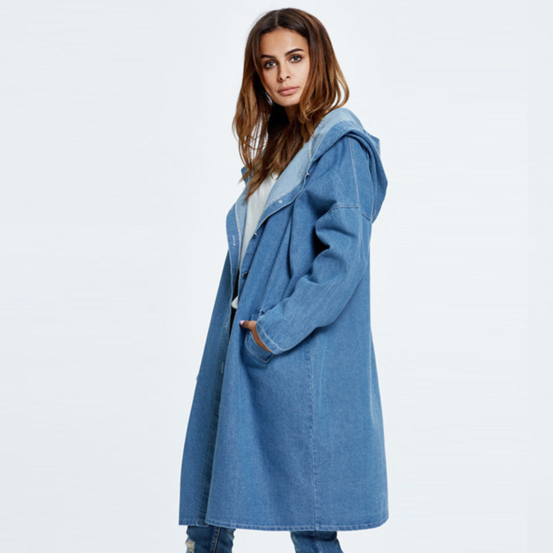 Trendy Comfortable Denim Overcoat Hooded Trench Coats