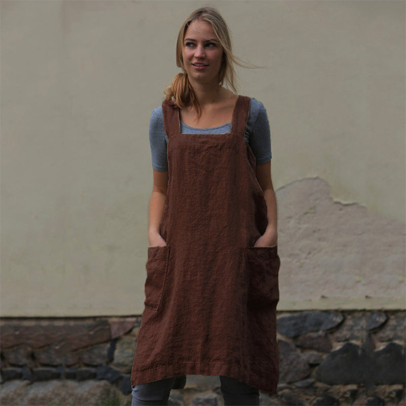 Women's Cotton Linen Apron Home Wear Gardening Dress