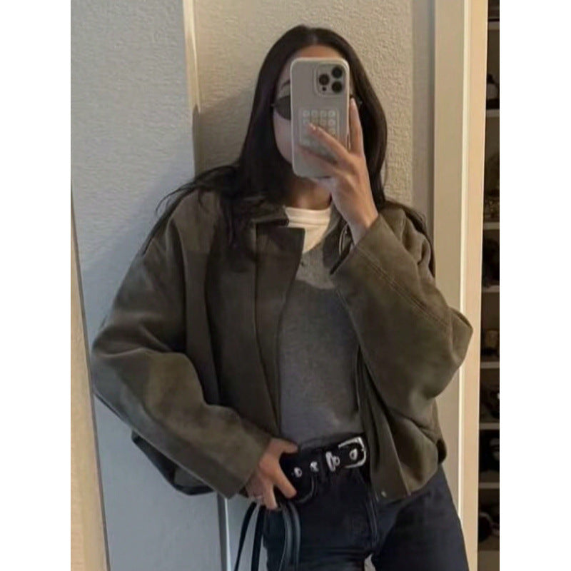 Women's Spring Suede Texture Lapel Bomber Jackets