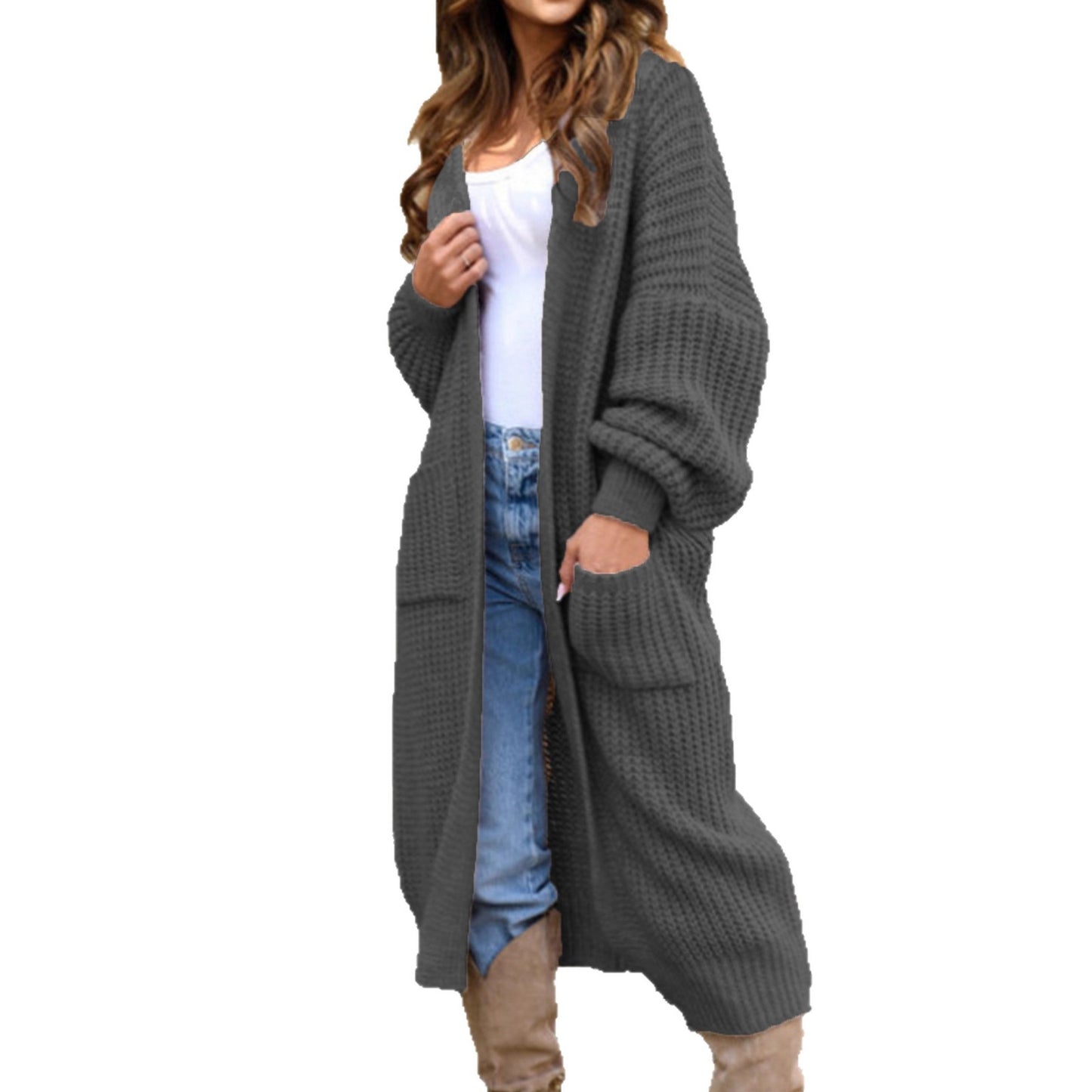 Large Long Style Pocket Loose Solid Women's Sweater