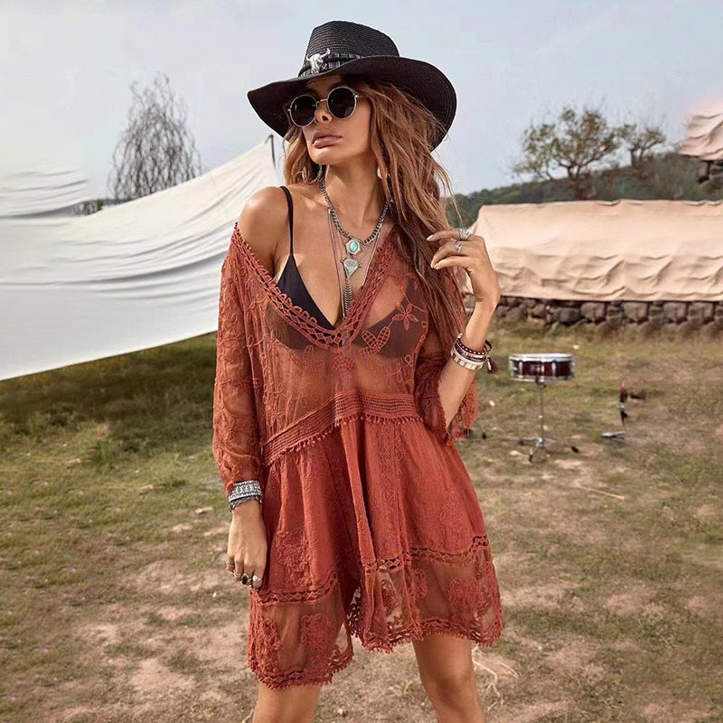 Lace Beach Dress Solid Color Seaside Dresses