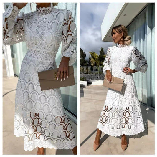 French Style Lace Stand Collar Puff Dresses