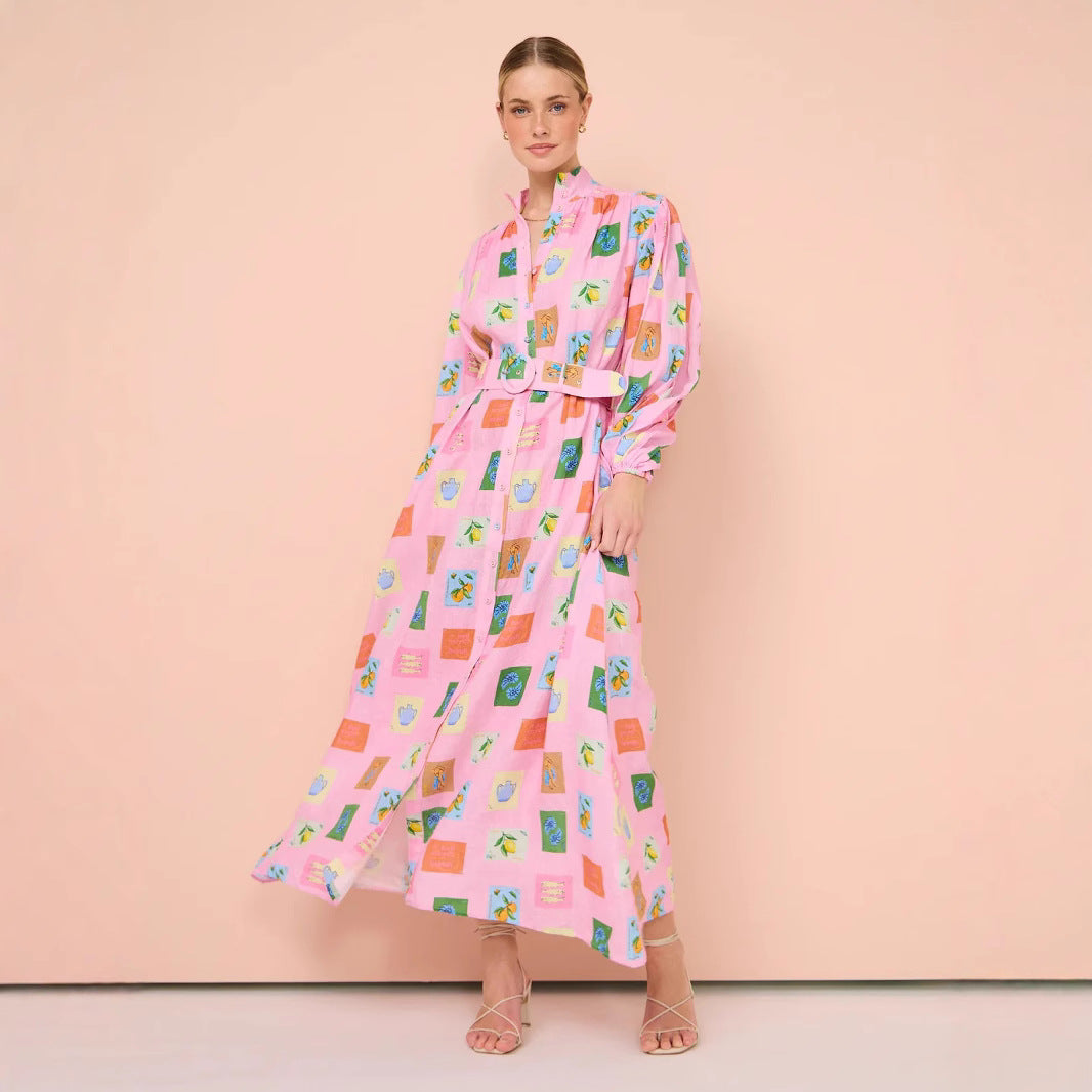 Long Casual Lantern Sleeve Fashion Printing Dresses