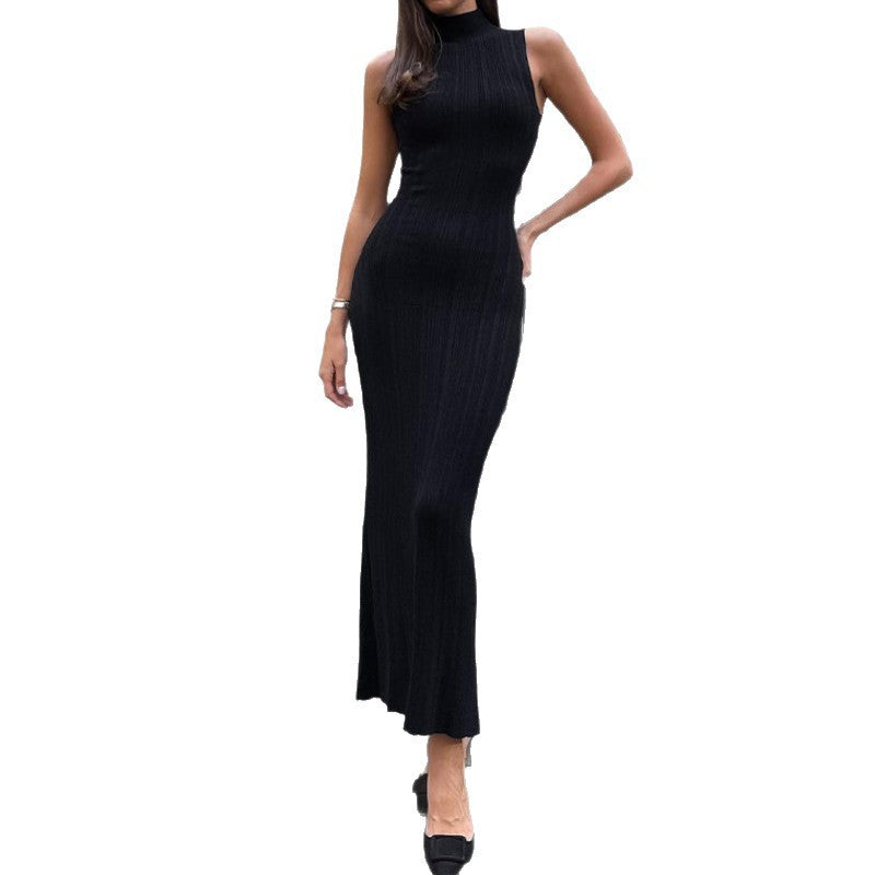 Women's Knitted Turtleneck Sleeveless Tight Midi Elegant Skirts