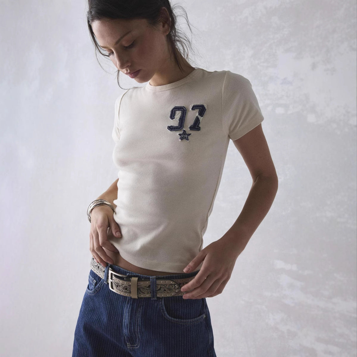 Women's Letters Blue Affixed Cloth Embroidered Summer Blouses