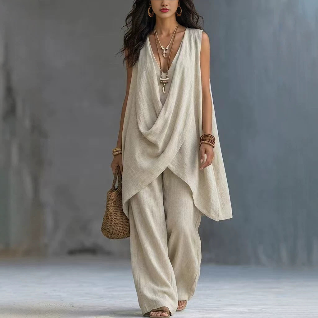Women's Sleeveless Cross Loose Wide Leg Two-piece Fashion Casual Suit