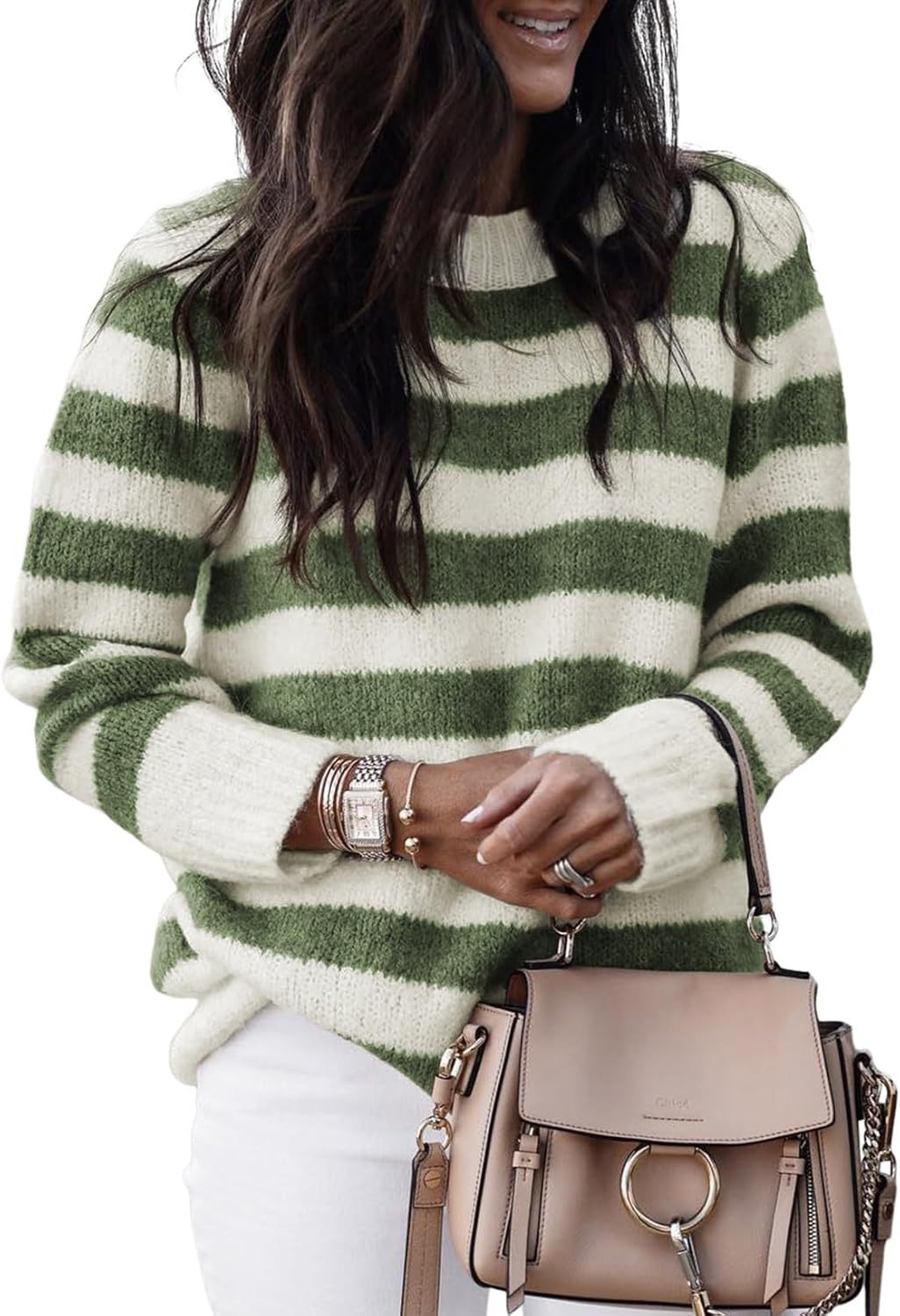 Women's Neck Striped Cute Color Matching Pullover Sweater